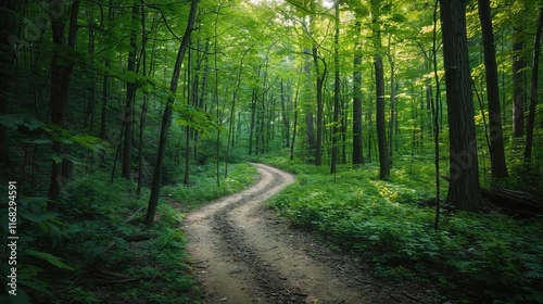 A peaceful forest with a dense canopy of green leaves and a winding hiking trail