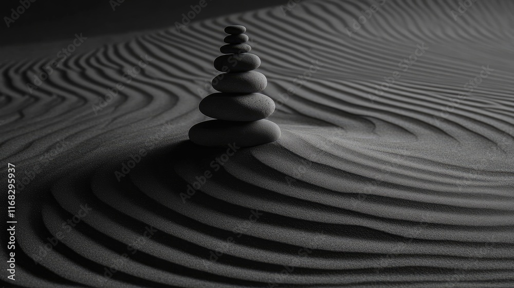 Naklejka premium Raked sand creating linear patterns with a center focus of stones stacked in balanced symmetry.