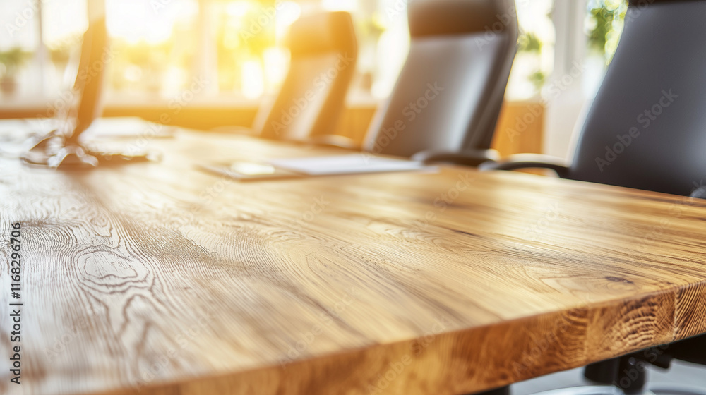 Rustic wooden conference table bathed in natural sunlight, complemented by modern office chairs. A perfect blend of natural textures and professional design. Rustic wooden conference table bathed in natural sunlight, complemented by modern office chairs. A perfect blend of natural textures and professional design.
