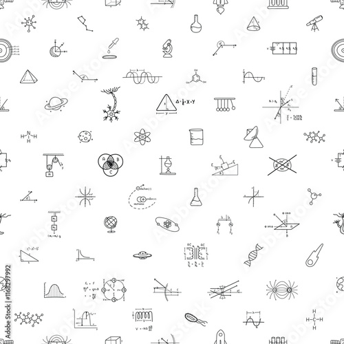 Seamless Pattern Science line hand drawn symbols. Geometric icons and formulas of important science technology theories. Vector illustration for background.