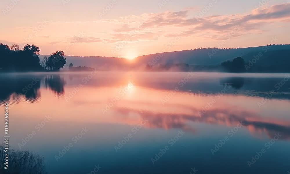 Tranquil Sunrise Reflections Over Calm Lake Surrounded by Misty Hills and Lush Greenery, Capturing the Essence of Nature's Serenity and Beauty at Dawn Tranquil Sunrise Reflections Over Calm Lake Surrounded by Misty Hills and Lush Greenery, Capturing the Essence of Nature's Serenity and Beauty at Dawn