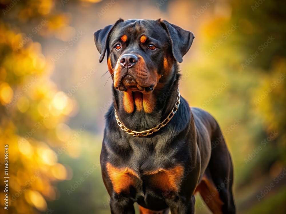 Alert Rottweiler Dog Standing Guard, Powerful Canine Breed Portrait