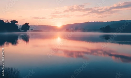 Wallpaper Mural Tranquil Sunrise Reflections Over Calm Lake Surrounded by Misty Hills and Lush Greenery, Capturing the Essence of Nature's Serenity and Beauty at Dawn Torontodigital.ca