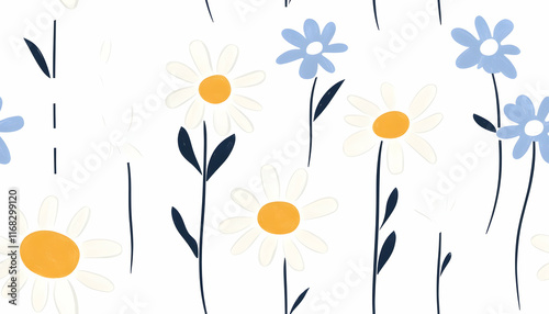 Floral Illustration Seamless Pattern: Daisies and Blue Flowers
