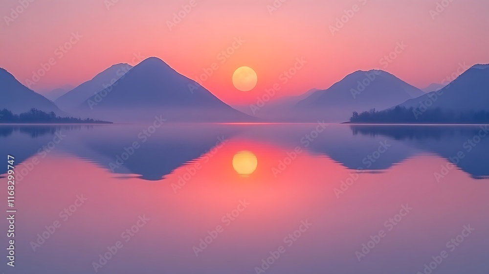 Serene Sunset: Mountains Mirrored in a Calm Lake's Pink Glow Serene Sunset: Mountains Mirrored in a Calm Lake's Pink Glow