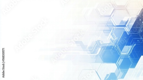 Abstract geometric design with hexagons and lines in blue and white tones.