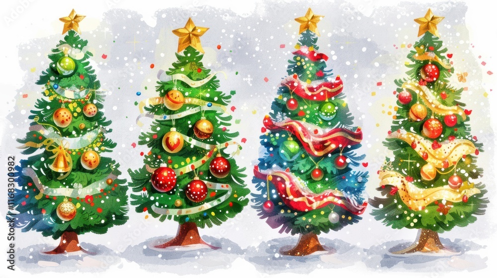 Naklejka premium Festive Christmas trees adorned with shiny balls, ribbons, and lights on a white background, representing the beauty and tradition of the holiday season.