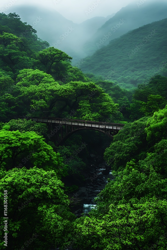 Aerial view of a bridge spanning a deep, lush gorge Aerial view of a bridge spanning a deep, lush gorge