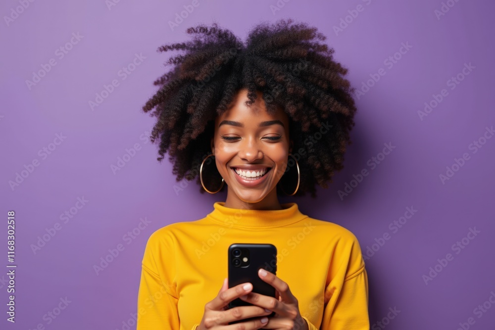 Vibrant Young Woman with Curly Hair Smiling While Using Smartphone, Perfect for Social Media, Advertising, and Marketing Campaigns Vibrant Young Woman with Curly Hair Smiling While Using Smartphone, Perfect for Social Media, Advertising, and Marketing Campaigns
