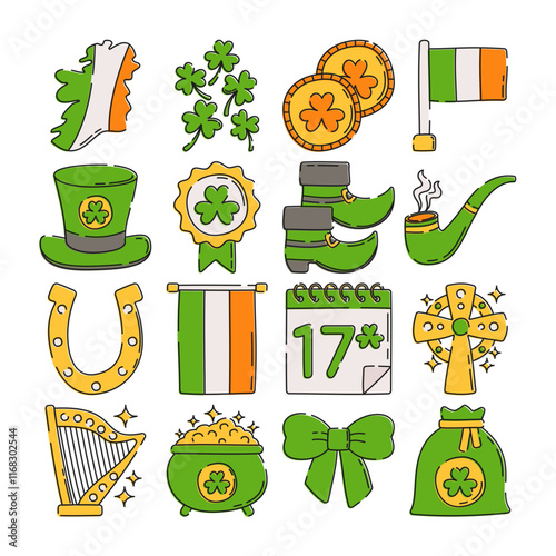 A collection of doodle-style St. Patrick's Day elements, featuring shamrocks, leprechaun hats, gold coins, Irish flags, pipes, horseshoes, harps, and festive icons celebrating Irish culture.