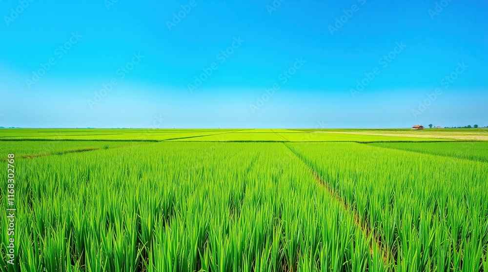 Fototapeta premium Lush Green Rice Paddy Under a Clear Blue Sky