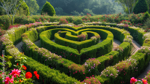 A heart-shaped garden maze with flowers blooming along the pathways for Valentine's Day.