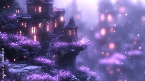 Enchanting castle nestled in purple blossoms, glowing at dusk.