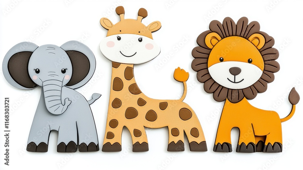 Cute Animal Figurines with Elephant, Giraffe and Lion Characters Cute Animal Figurines with Elephant, Giraffe and Lion Characters