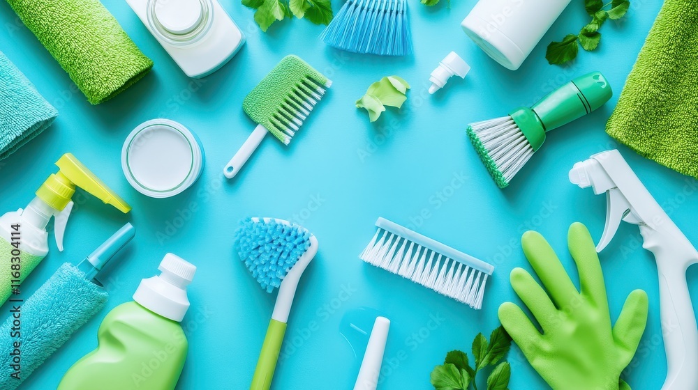 Flat lay of home cleaning products such as eco-friendly detergents and cleaning tools for a green home brand ad
