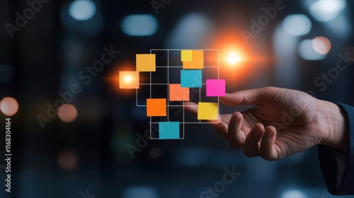 Startup manager creating a priority matrix on a digital dashboard, guiding team focus, focus, prioritization, leadership