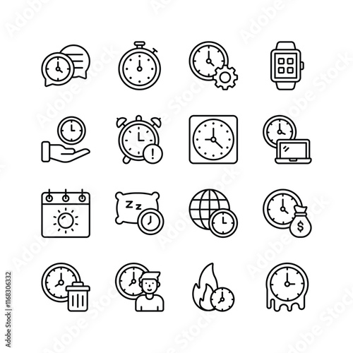 A set of unique icons depicting various time management and scheduling concepts