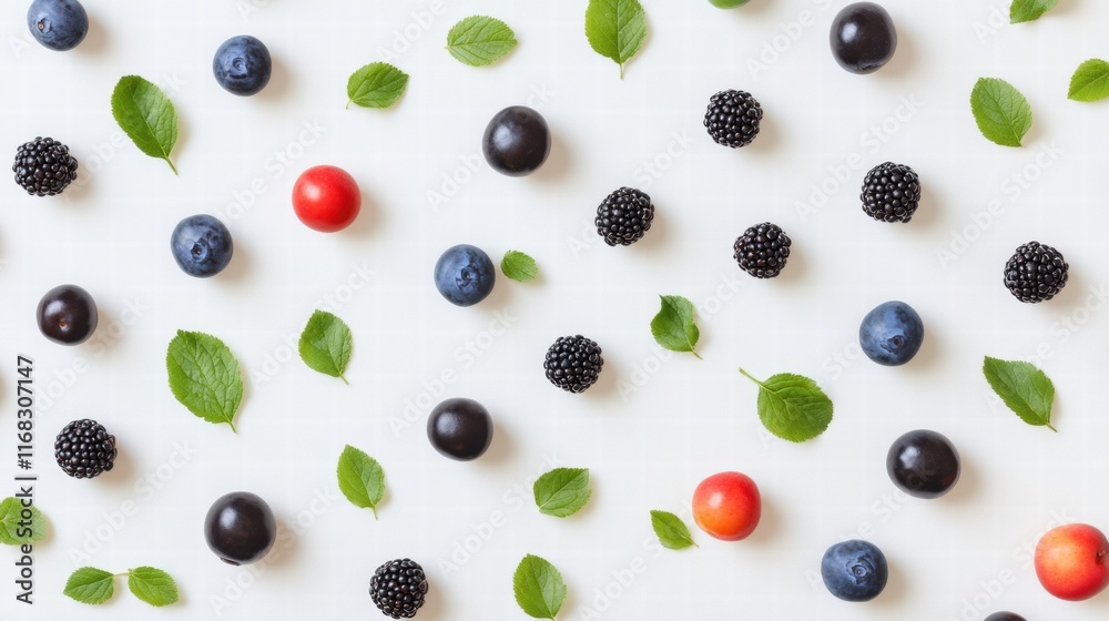 Flatlay of Berries and Leaves on White Background Flatlay of Berries and Leaves on White Background
