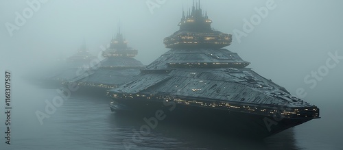 Three Futuristic Warships In A Misty Sea