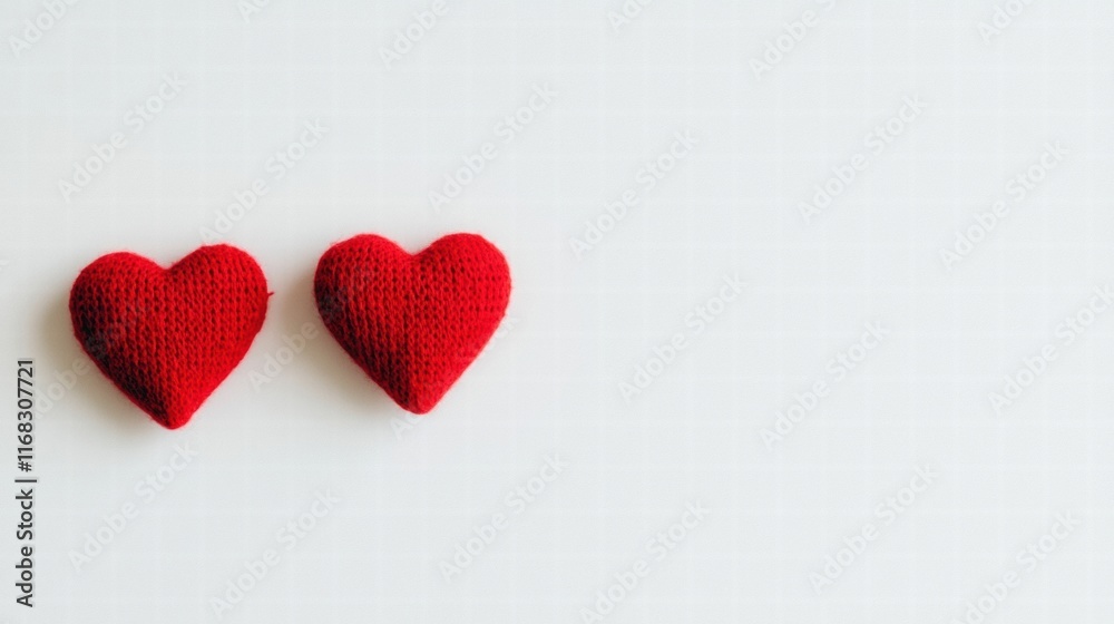 Obraz premium Two red knitted hearts on a soft white background