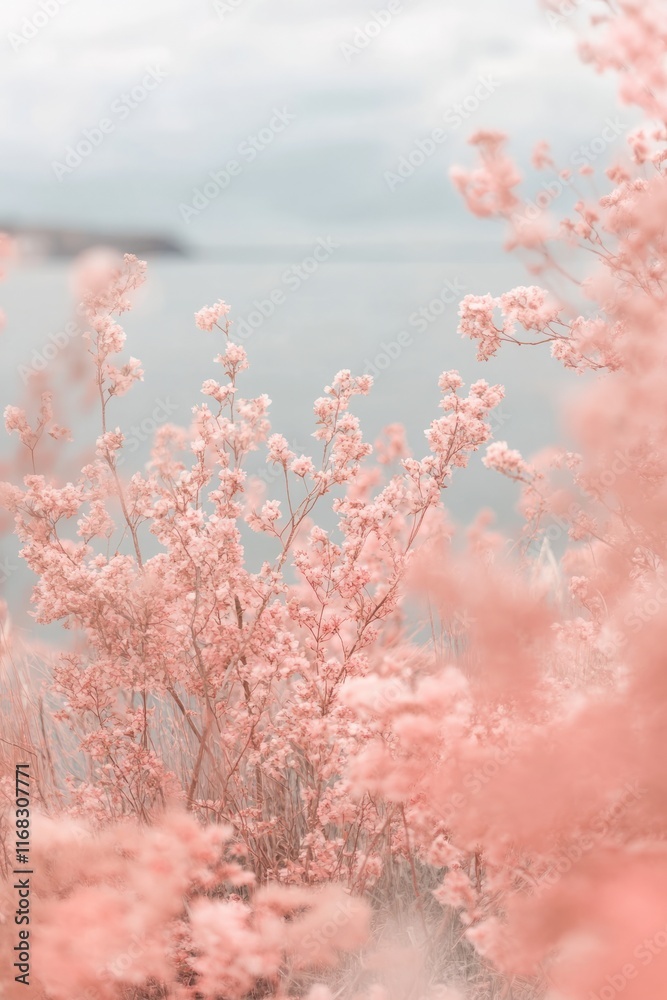 Naklejka premium Delicate pink flowers create a dreamy foreground against a blurred seascape, capturing the serene beauty of nature, vertical