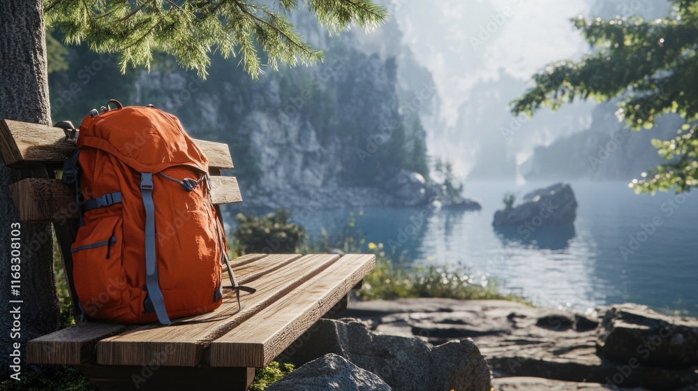 Serene Mountain Lake with Backpack on Bench Serene Mountain Lake with Backpack on Bench