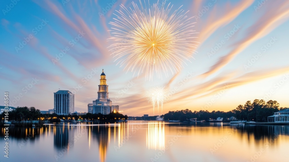 Naklejka premium Fireworks illuminate a cityscape at dusk over a reflective lake.