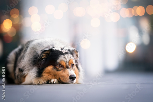 cute australian shepherd blue merle at the Christmas time  photo