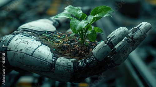 A robotic hand with exposed circuitry holds a small green plant, symbolizing the potential for technology to aid in environmental sustainability. photo