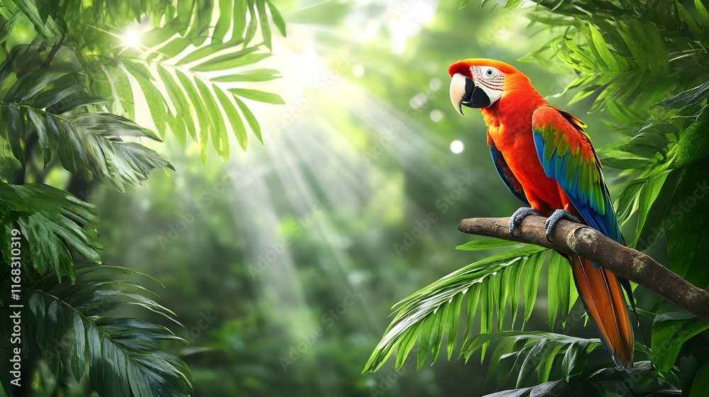 Obraz premium Colorful scarlet macaw perched on branch lush rainforest wildlife photography natural habitat eye-level view biodiversity awareness
