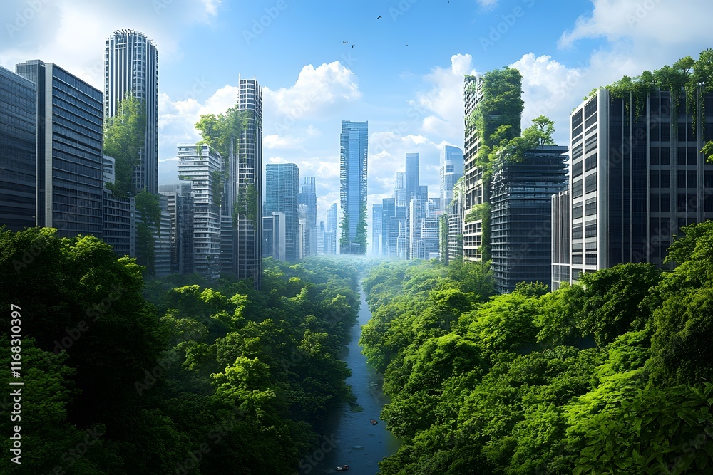 Urban greenery transformation futuristic cityscape digital art lush environment aerial view sustainability concept Urban greenery transformation futuristic cityscape digital art lush environment aerial view sustainability concept