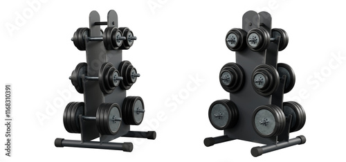 dumbbell set with rack isolated on white