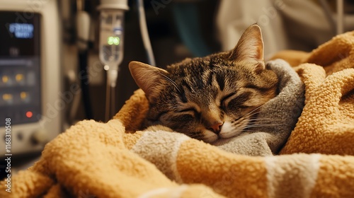 A tabby cat sleeps peacefully under a blanket, near medical equipment.