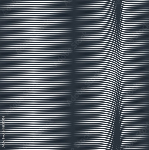 A dense, striped metal surface with the illusion of distortion and seams or indentations.