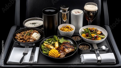 Luxury First-Class In-Flight Meal Service: A Gourmet Dining Experience at 30,000 Feet AI Generated photo