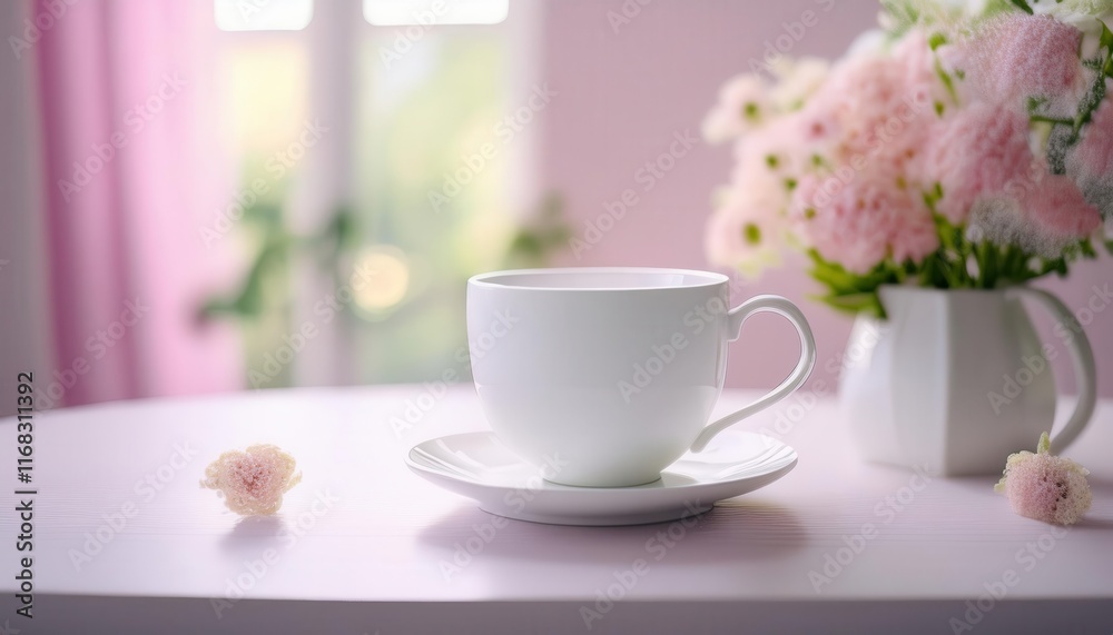 A serene scene featuring a white cup on a saucer next to a bouquet of pink flowers, creating a cozy and inviting atmosphere. A serene scene featuring a white cup on a saucer next to a bouquet of pink flowers, creating a cozy and inviting atmosphere.