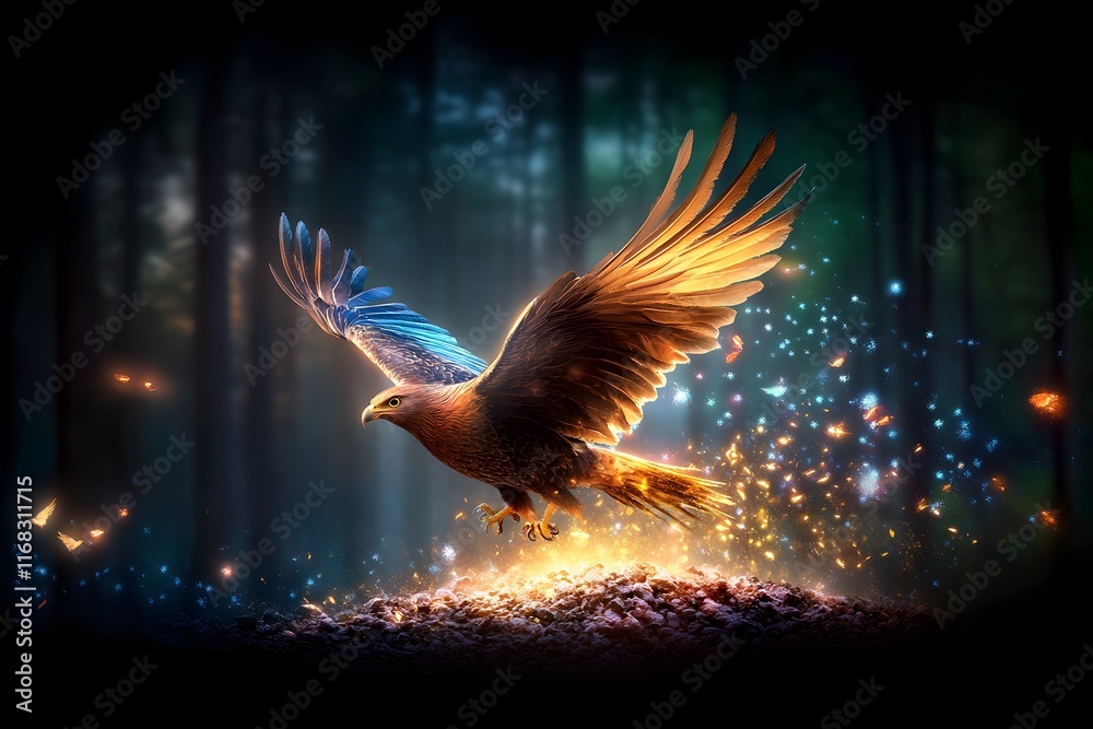 Fototapeta premium Majestic eagle taking flight enchanted forest digital art magical atmosphere high angle freedom and power