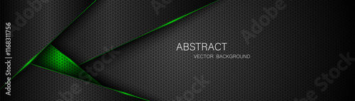 Abstract black and green polygon with green glow lines on dark steel mesh background with free space for design. modern technology innovation concept background	