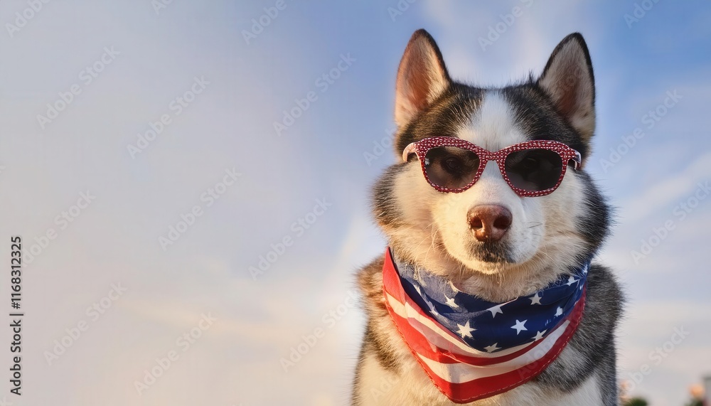 A stylish husky wears sunglasses and an American flag bandana against a clear sky, exuding a fun and patriotic vibe. A stylish husky wears sunglasses and an American flag bandana against a clear sky, exuding a fun and patriotic vibe.