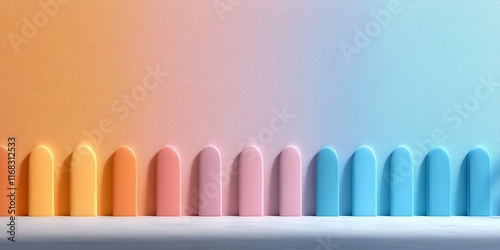 A gradient of soft pastel colors transitions from warm yellows to cool blues, showcasing rounded shapes against a smooth background.