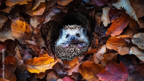 Adorable Hedgehog Nestled Among Autumn Leaves photo