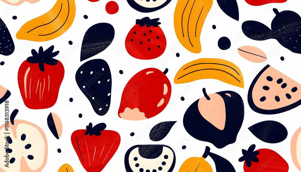 Abstract Fruit Illustration: Vibrant Strawberry, Banana, and Apple Pattern Abstract Fruit Illustration: Vibrant Strawberry, Banana, and Apple Pattern