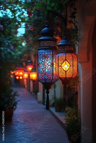 Illuminated Moroccan lanterns hanging along a night alley.