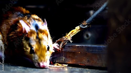 Rat Gnawing on Wiring Cable in Dimly Lit Setting
