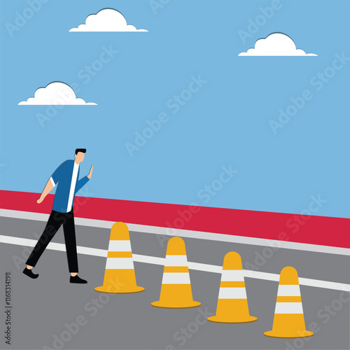 Adversity, obstacle or setback on the way forward, the businessman looks helplessly at the row of traffic cones blocking the way forward