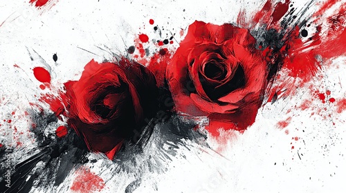 Fototapeta Naklejka Na Ścianę i Meble -  Abstract red roses with black and red ink splatters.