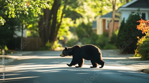 Black bear crossing suburban street at sunrise. photo