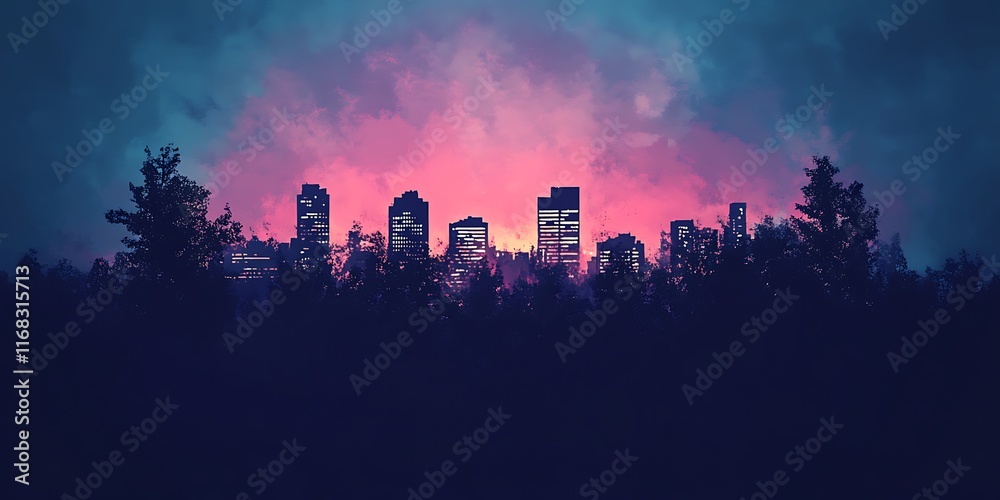 Fototapeta premium urban city silhouette at dusk with soft light gradients in minimal art style 