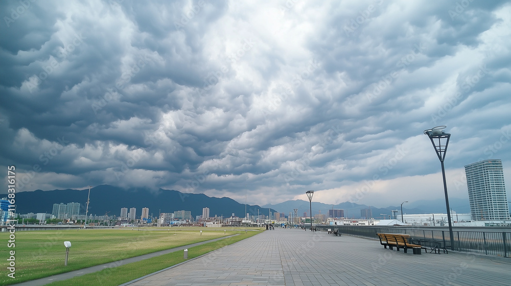 Stormy Sky Over Urban Landscape: A dramatic, moody shot of a cityscape bathed in the ominous glow of a storm-laden sky. The clouds billow and churn.