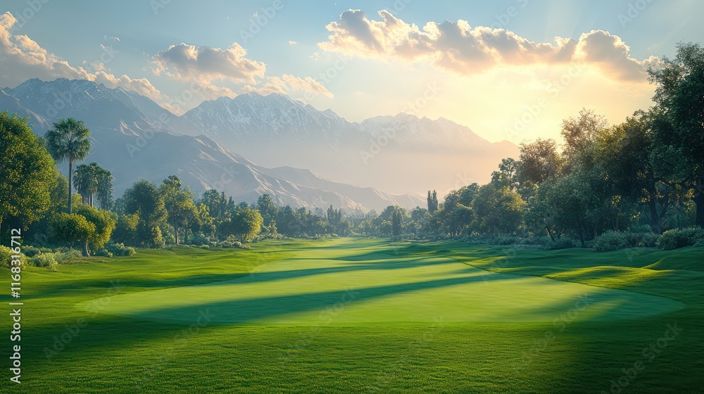 Naklejka premium Serene Sunset Golf Course in Mountainous Landscape